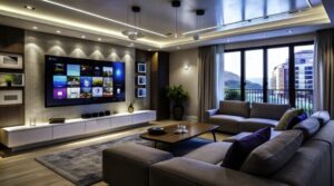 Modern living room with large TV and comfortable sofa